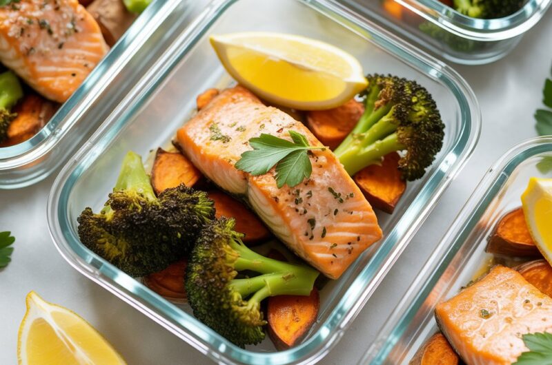 Air Fryer Salmon with Roasted Sweet Potatoes & Broccoli
